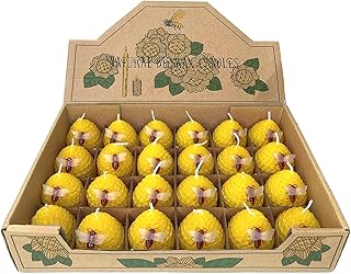 Beeswax Candles Bulk Set of 24pcs, Bee Candles with Little Bee Ornament Decors, Unscented & Dripless& Smokeless, Dia 1.77" x1.97" Each, Yellow