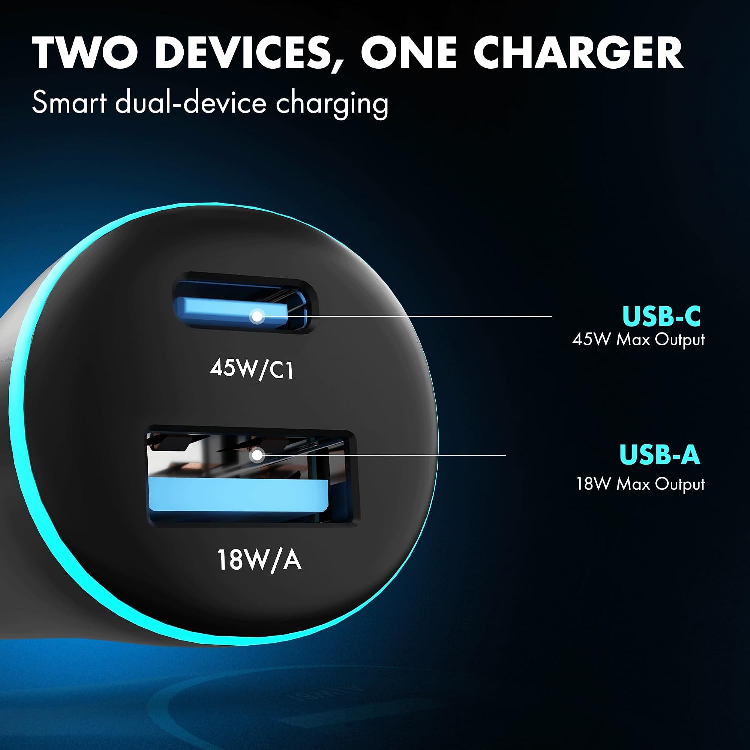 PD 45W superfast Wozoyo Charging 2.0 Car Charger with Type C & USB A,Power Delivery, PPS & QC 3.0, Dual Port (45W + 18W), 12V–24V Compatible, Multi-Layer Protection, 2-Years Manufacturer Warranty