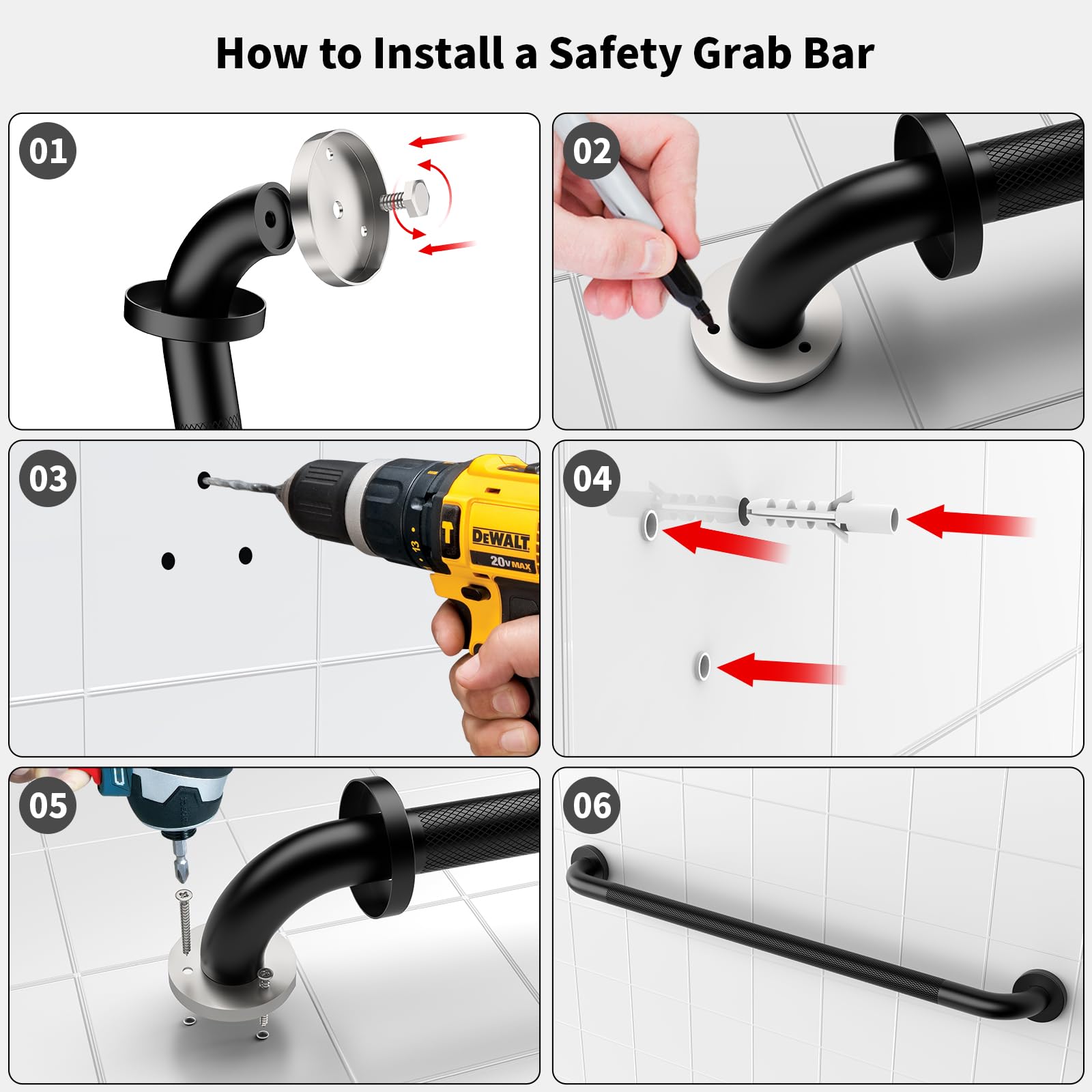 iHansee - Barra de agarre negra de 32 pulgadas, barra de agarre antideslizante para baño con agarre moleteado, pasamanos de seguridad de acero inoxidable para inodoro, bañera, ducha, montado en la