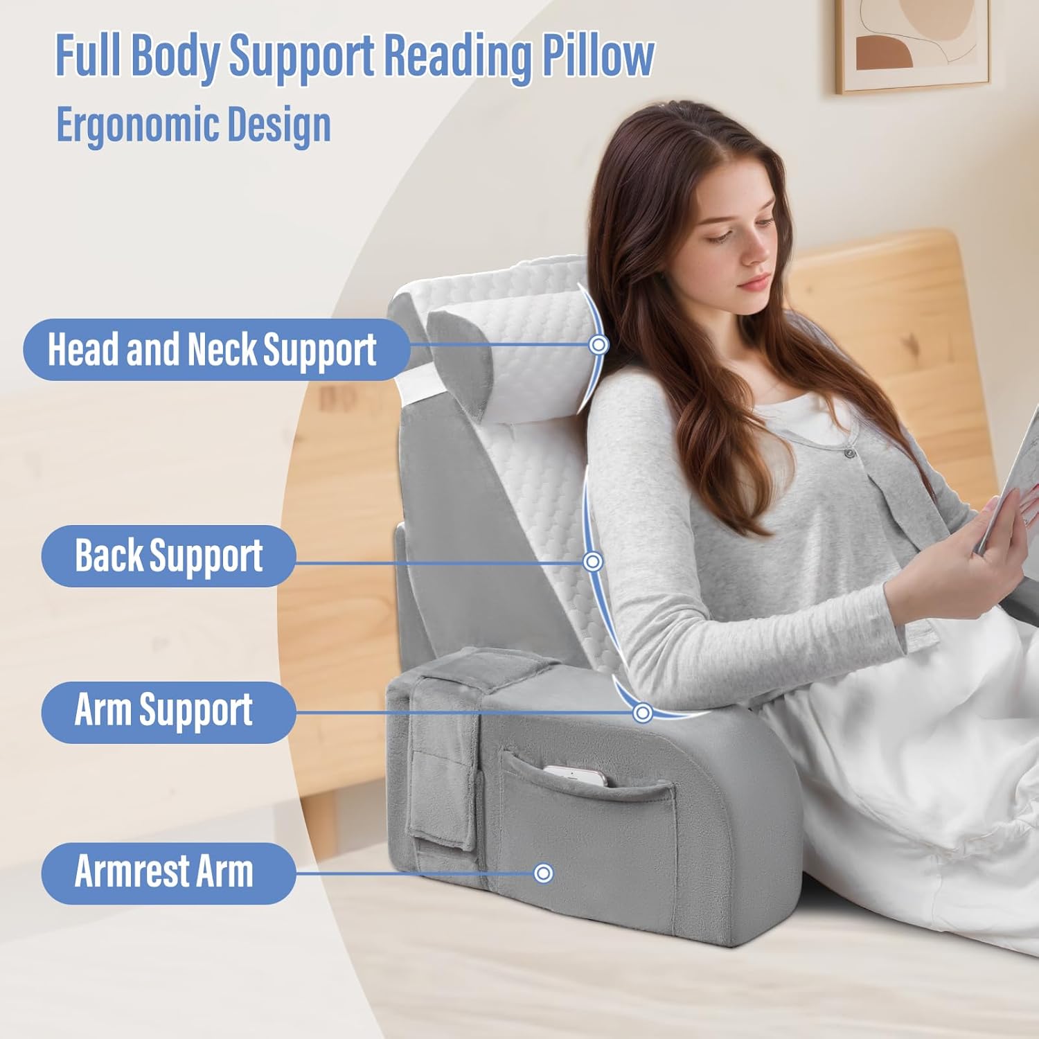 LEBENGURU Reading Pillow for Sitting in Bed Adult with Detachable Headrest & Armrests, Back Support Pillow for Watching TV in Floor, Bed Backrest Pillow for Working/Relaxing/Gaming White and Grey