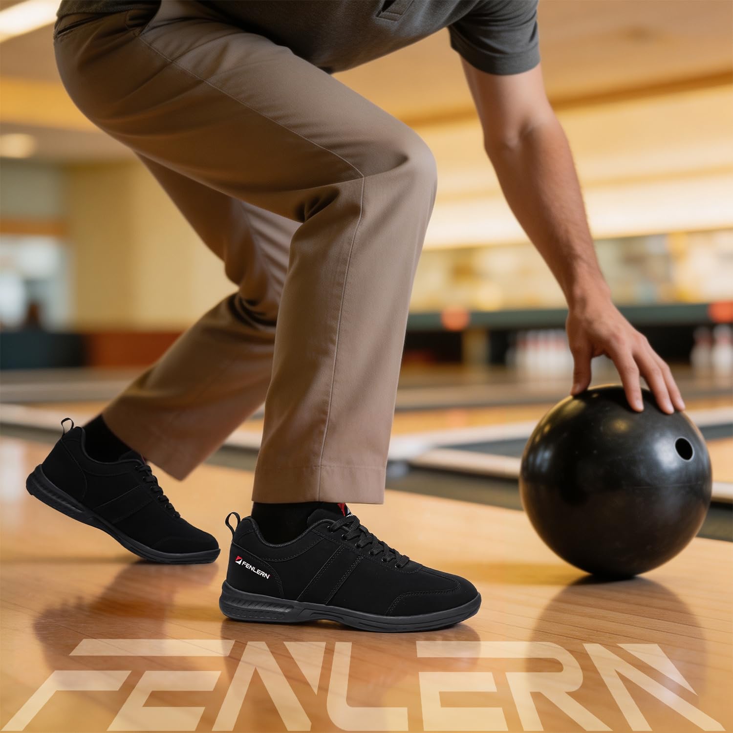 Bowlingschuhe für Herren, Mikrofaser, Schnürung, doppelte Gleitsohle, links und rechts, Schwarz, 42 EU