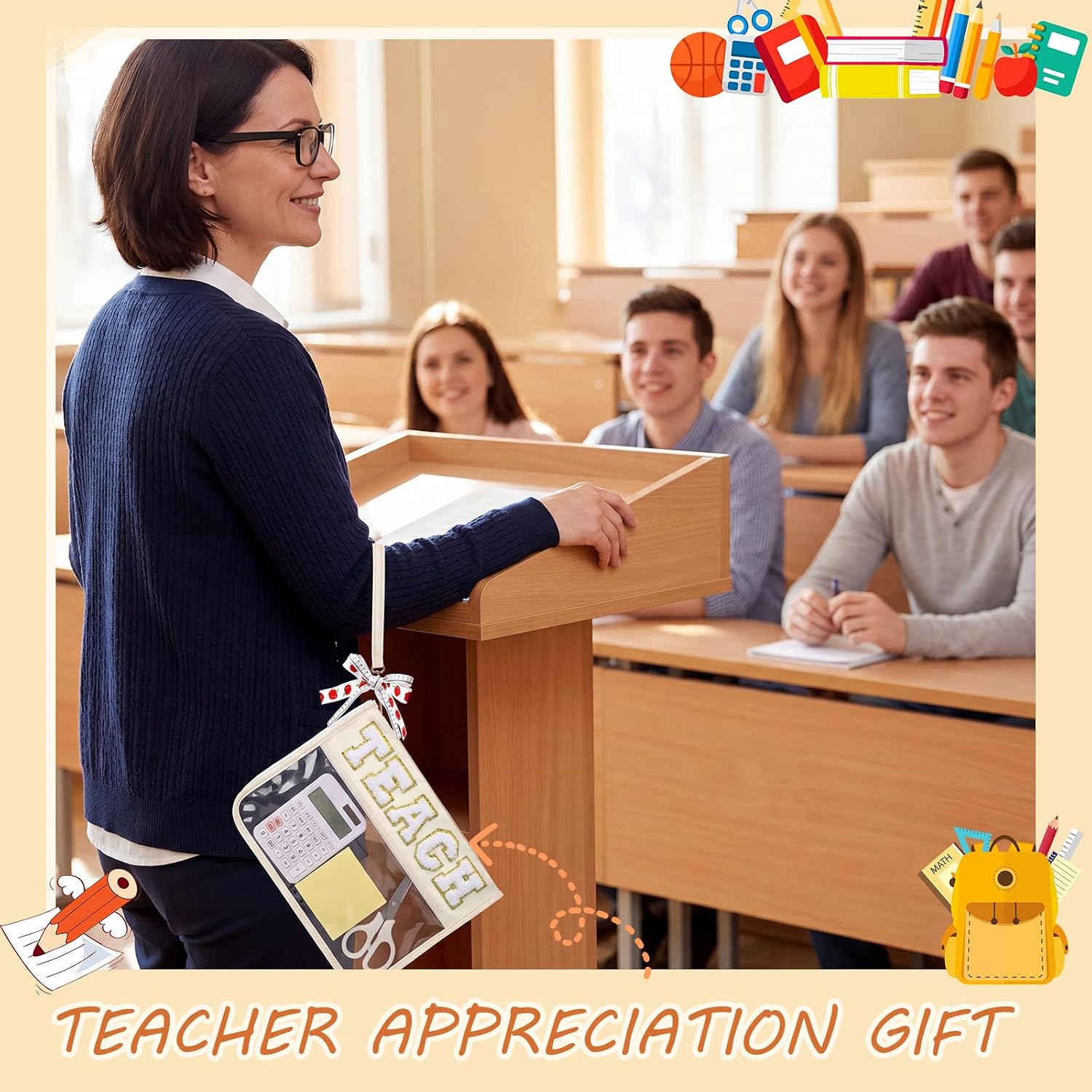 8 Pcs Teacher Appreciation Gifts Teach Chenille Letter Makeup Bag Monogram PVC Clear Zipper Pouch Wristlet Travel Cosmetic Bag Graduation Thank You Teacher Gift for Women (White Gold Letter)