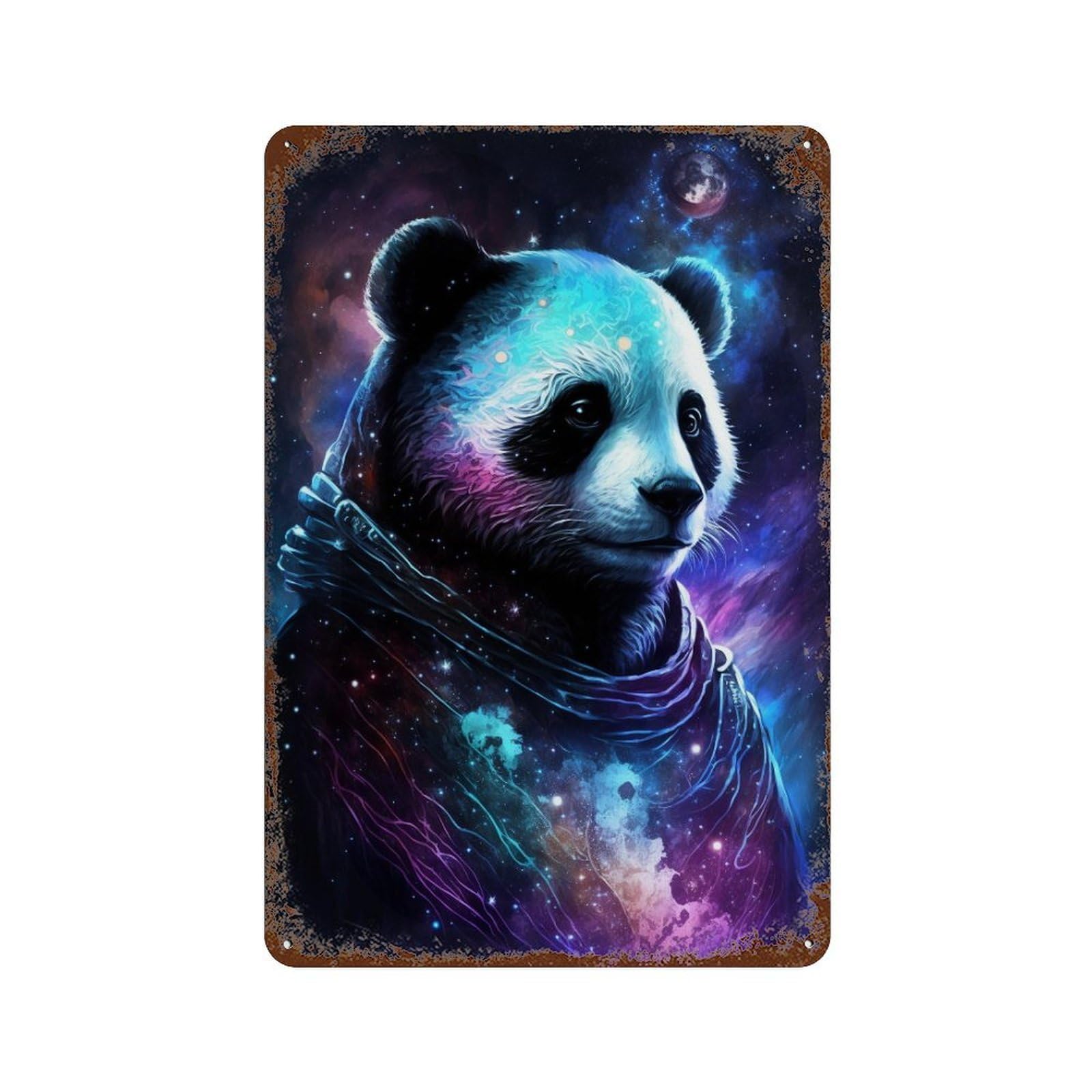 Retro Metal Sign with Cosmic Panda in Space Design 11.8"x7.9", for Farmhouse, Kitchen And Entryway Decor, Shabby Chic Decor