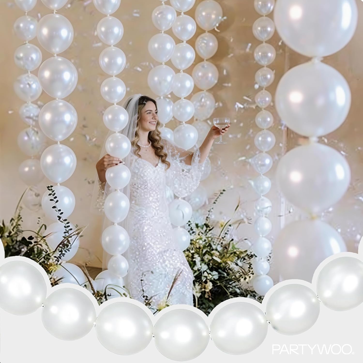 PartyWoo Pearl White Linking Balloons 100pcs 6 Inch White Link Balloon for Anniversary Retirement Wedding Graduation Baby Shower Birthday Gender Reveal Engagement Party Decorations White-z30
