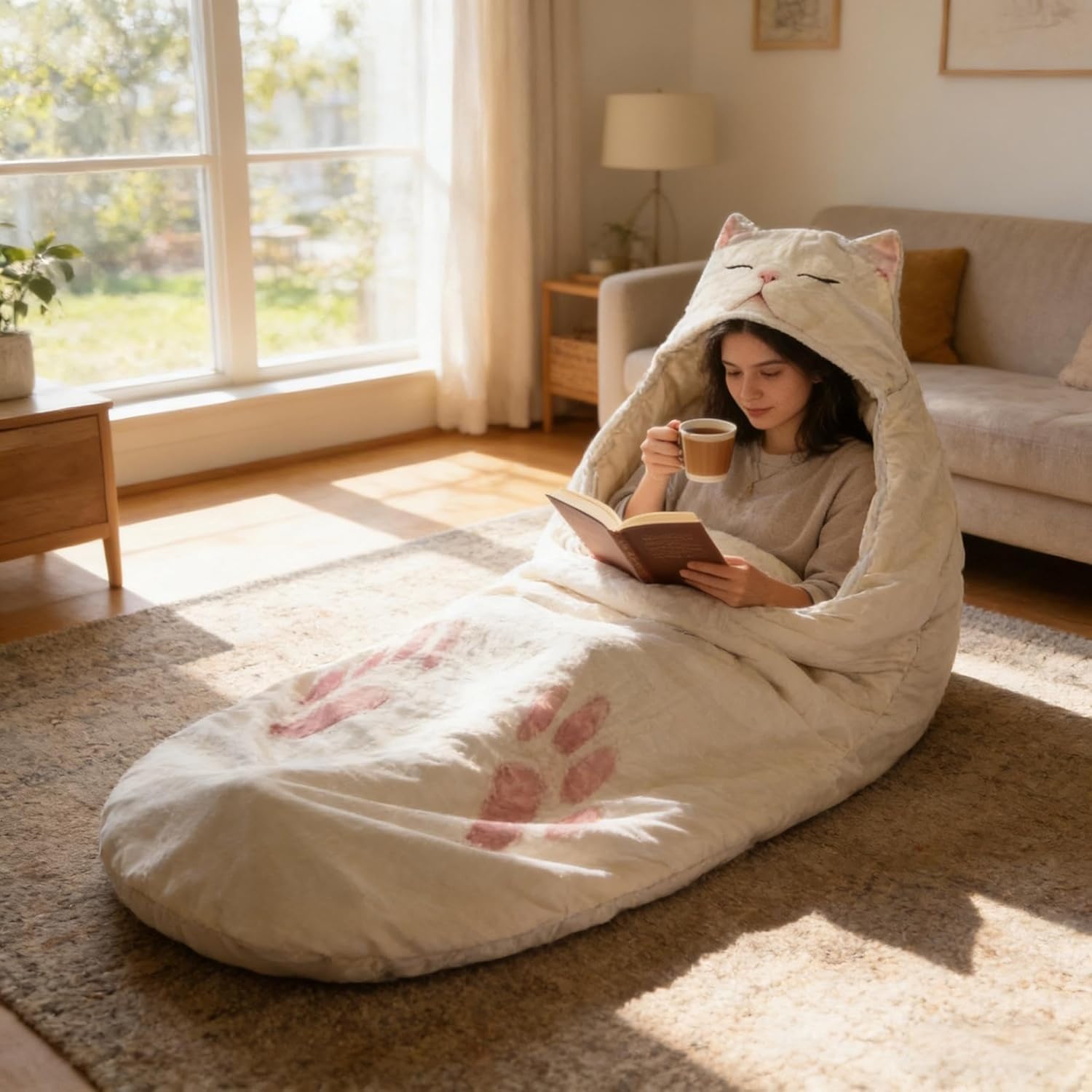 Fluffy Cat Sleeping Bag for Human, Adults Soft Sleeping Bag, Plush Animal Wearable Blanket, Washable Adorable Cat Envelope Sleepings Bags for Camping Sleepovers & Home Lounging(Style C)