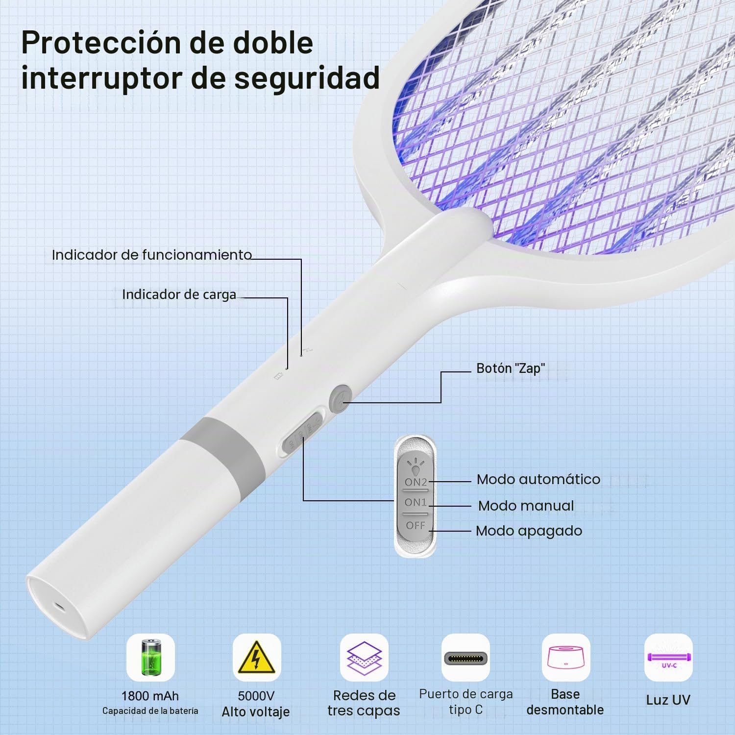 5000V Raqueta Matamoscas Eléctrica, 2 en 1 1800mAh Mata Mosquitos Electrico USB Recargable, Raqueta eléctrica con Luz Ultravioleta para Matar Mosquitos
