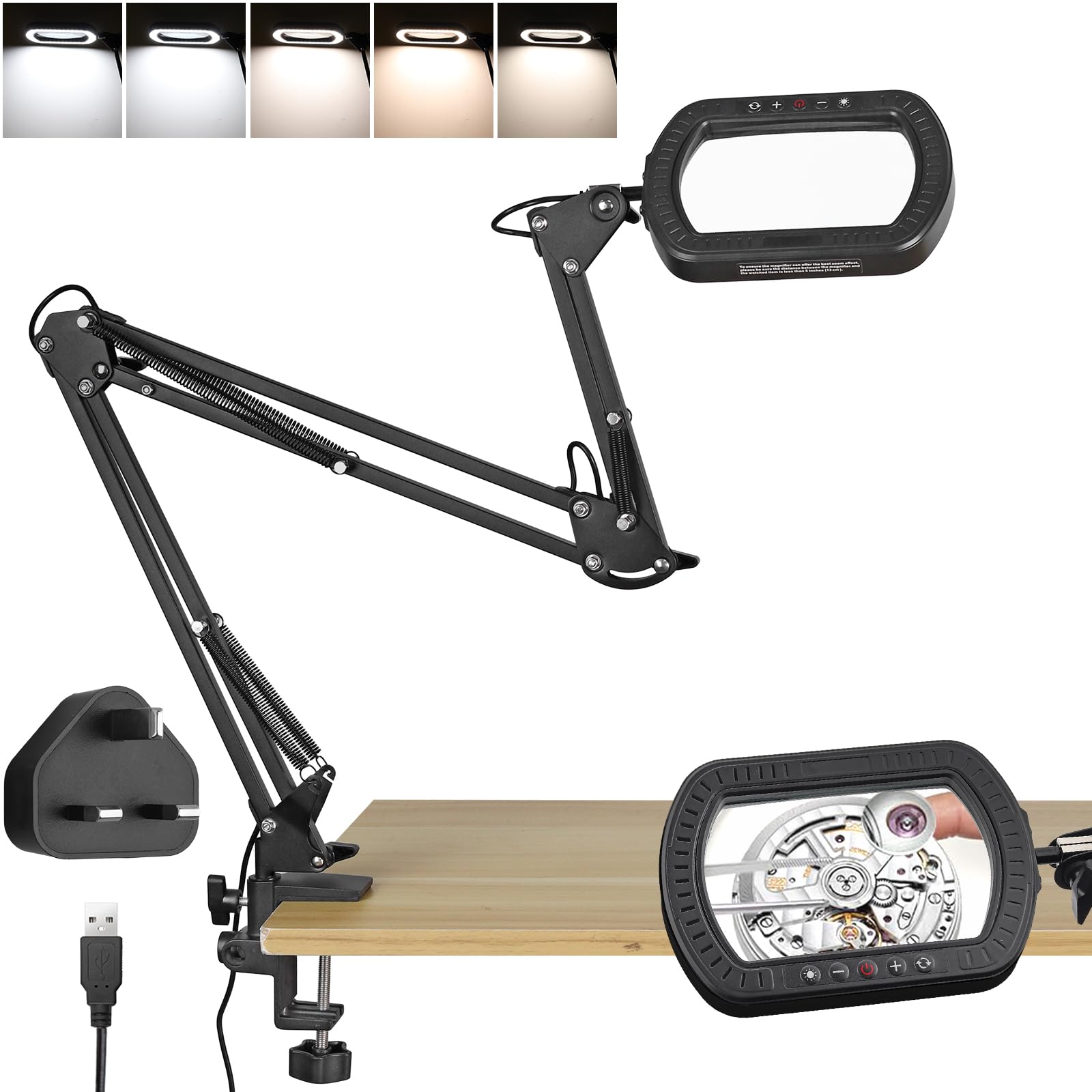 eSynic 10X Desk Clamp Magnifying Glass with 72 LED Lights clip-on table metal Magnifier Lamp With 4-Hole Clamp, 5 Colour Tune Light, 10-Levels Brightness for Craft Hobbies Reading Stitching Close Work