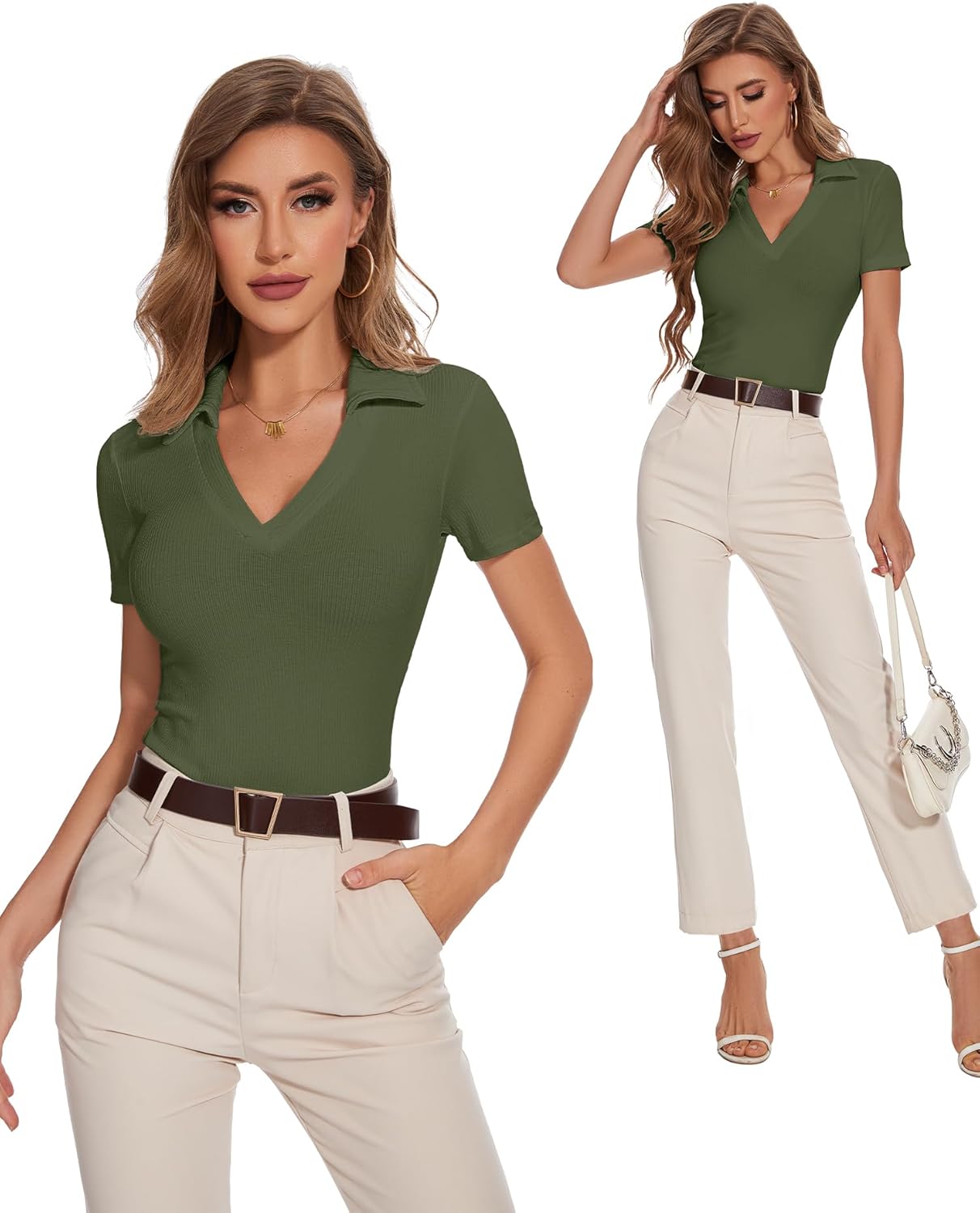 Womens Short Sleeve Business Casual Tops Summer V Neck Polo Work Shirts 2025 Fitted Basic Collared Shirt - Image 4
