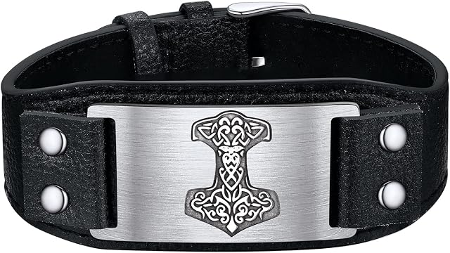 Bestyle Vintage Black Leather Bracelets for Men Women, Nordic Viking Totem Thor's Hammer/Celtic Knot/Wolf/Compass/Tree of Life Charm Bracelets -Gift Packed