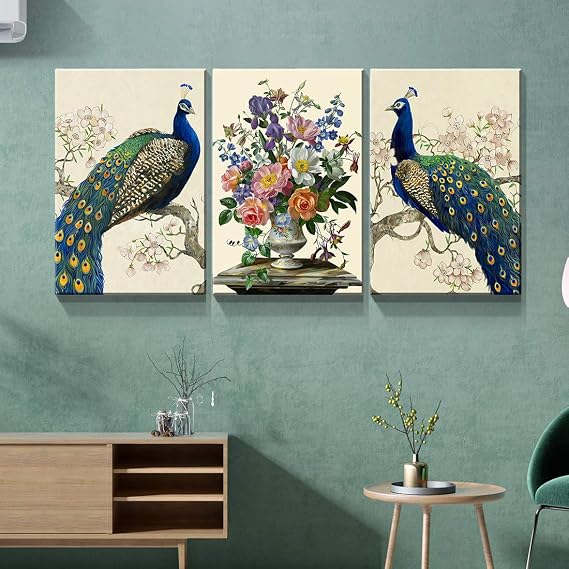 Denozer - 3 Panel Peacock Canvas Wall Art Paintings - Peacock Elegant Flower Pictures On Canvas Animal Wall Decor for Living Room Home Decor Stretched and Framed Ready to Hang - 12x16x3 Panels