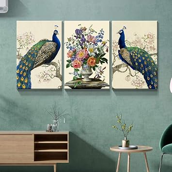 Denozer - 3 Panel Peacock Canvas Wall Art Paintings - Peacock Elegant Flower Pictures On Canvas Animal Wall Decor for Living Room Home Decor Stretched and Framed Ready to Hang - 12x16x3 Panels
