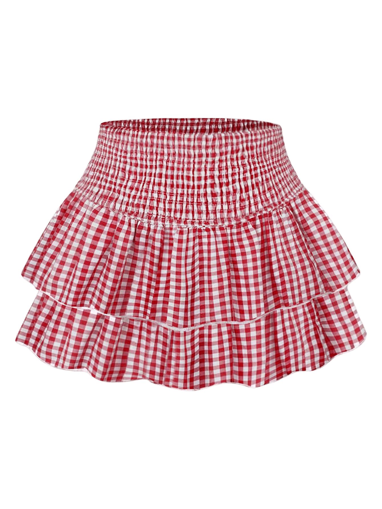 Milumia Women's Plaid Print High Waist Layered Skirt Ruffle Hem A Line Skirt Red and White Large