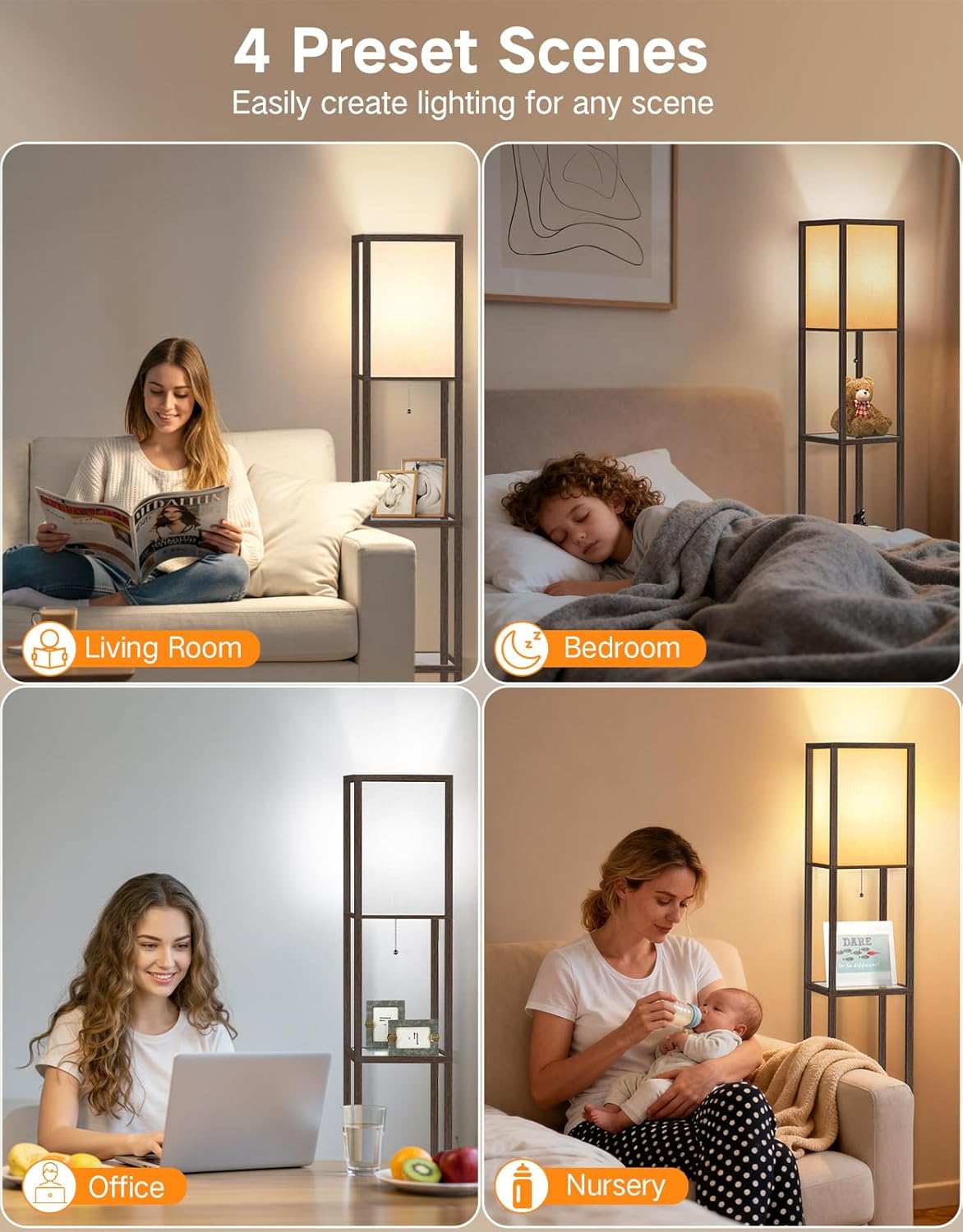 OUTON Floor Lamp with Shelves, Glass Shelf Floor Lamp with 12W LED Bulb Included, 3 Color Temperatures, 65.4″ Tall Corner Display Standing Lamp for Living Room, Bedroom, Office,Walnut