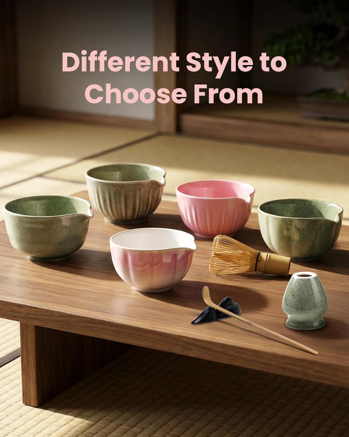Handcrafted Matcha Kit, 7-Piece Green Tea Set, Includes Ceramic Bowl, Bamboo Whisk, Stainless Steel Sifter, Bamboo Scoop, Whisk Holder & Cotton Towel, Perfect for Tea Ceremony, Pink Small Flower