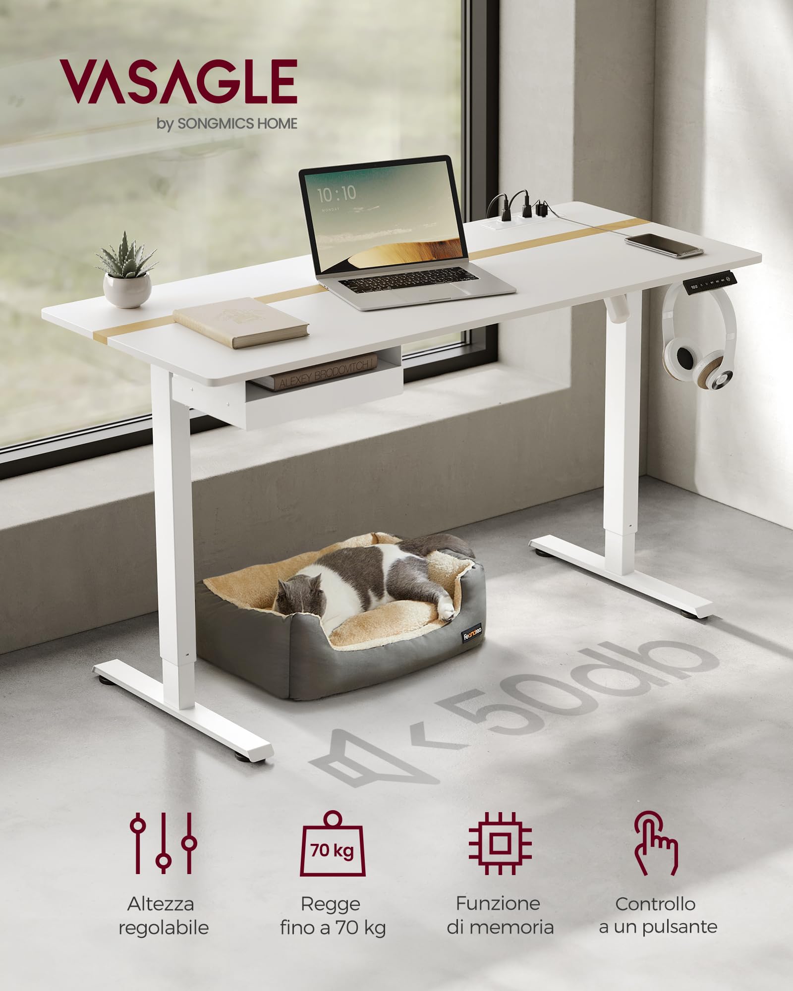 VASAGLE Scrivania Regolabile in Altezza, Scrivania Elettrica, Piano del Tavolo 60 x 140 cm, Regolabile in Continuo, Funzione di Memoria con 4 Altezze, Bianco LSD114W01