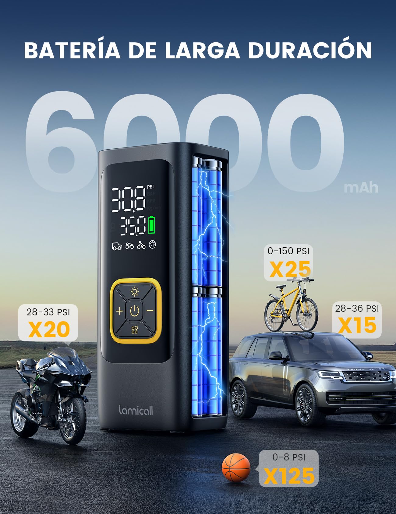 Lamicall Bomba Eléctrica de Bicicleta, Inflador de Neumáticos Portatil - [6000 mAh Batería] con Luz LED, Compresor Aire Portatil de 150 PSI con 3 Boquillas, Inflador Rueda para Coche/Moto/Bicicleta