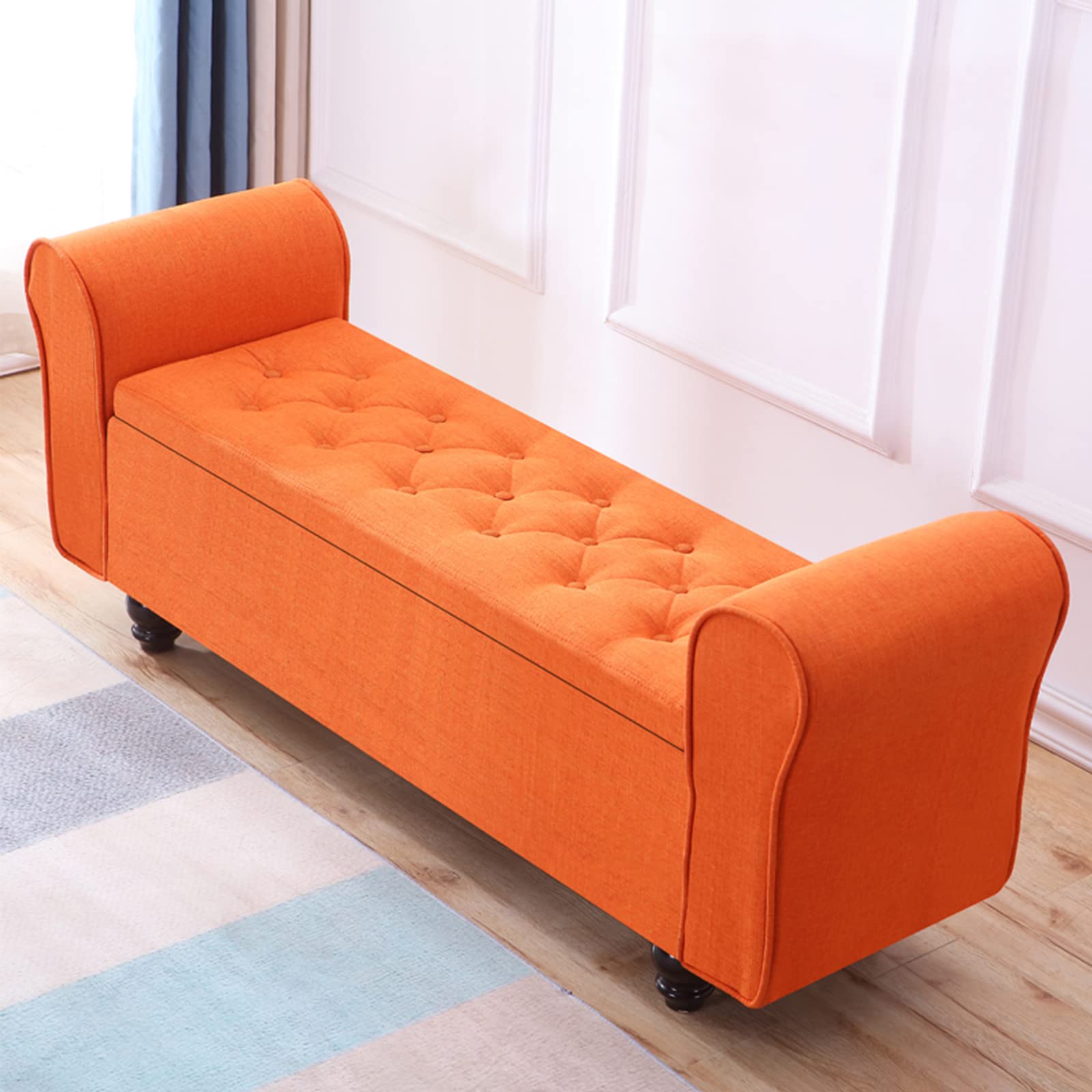 LMMIAOZ Vintage Tufted Linen Storage Ottoman Bench with Wood Legs Large Capacity Foot Stool for Bedroom and Living Room Orange Upholstered Bench with Storage 100x40x40cm