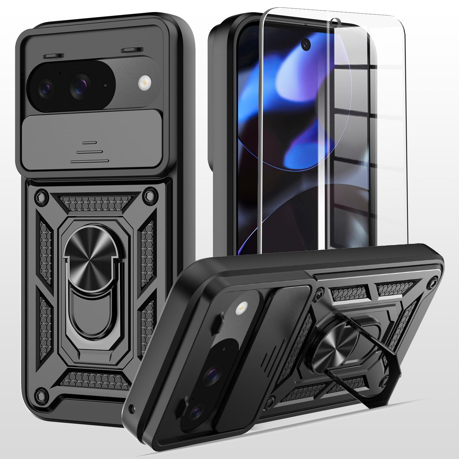 for Google Pixel 10/10 Pro Case with Slide Camera Cover + Tempered Glass Screen Protector Protection Cover Shockproof Heavy Duty [Military-Grade] Rugged Phone Case with Kickstand (Black)