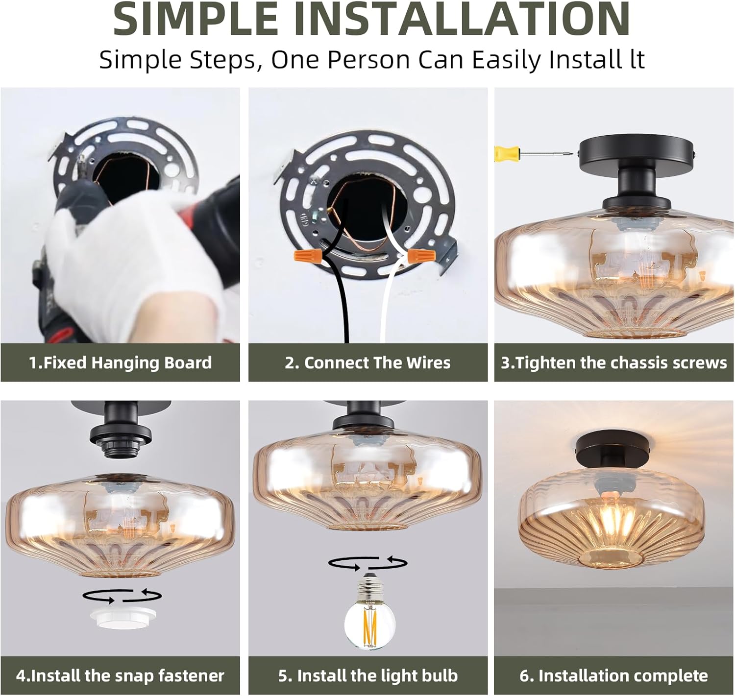 Semi Flush Mount Ceiling Light,11.8 inch Vintage Warm Amber Glass Ceiling Light Fixture,Living Room Lighting Fixtures Ceiling for Hallway Porch Bedroom Bathroom Dining room,E26 Base(Bulb Not Included)