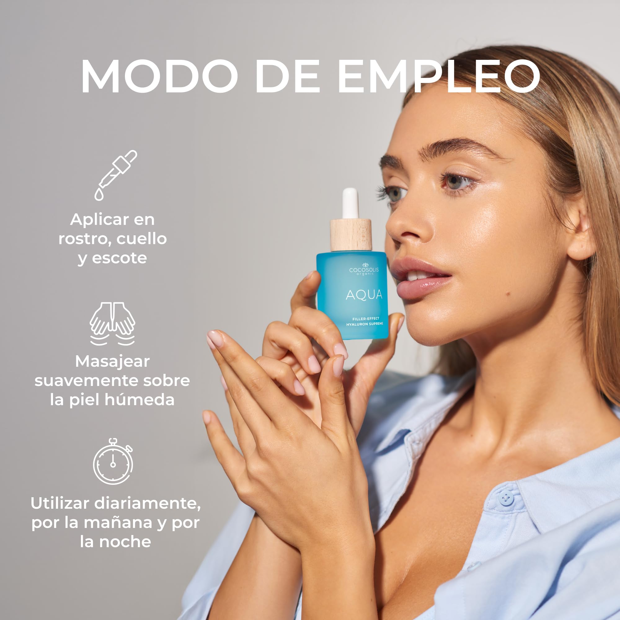 COCOSOLIS AQUA Filler-Effect Hyaluron Supreme - Sérum facial con 8 tipos de ácido hialurónico y Aquaxyl™, cuidado de día vegano antiedad con ultra hidratación