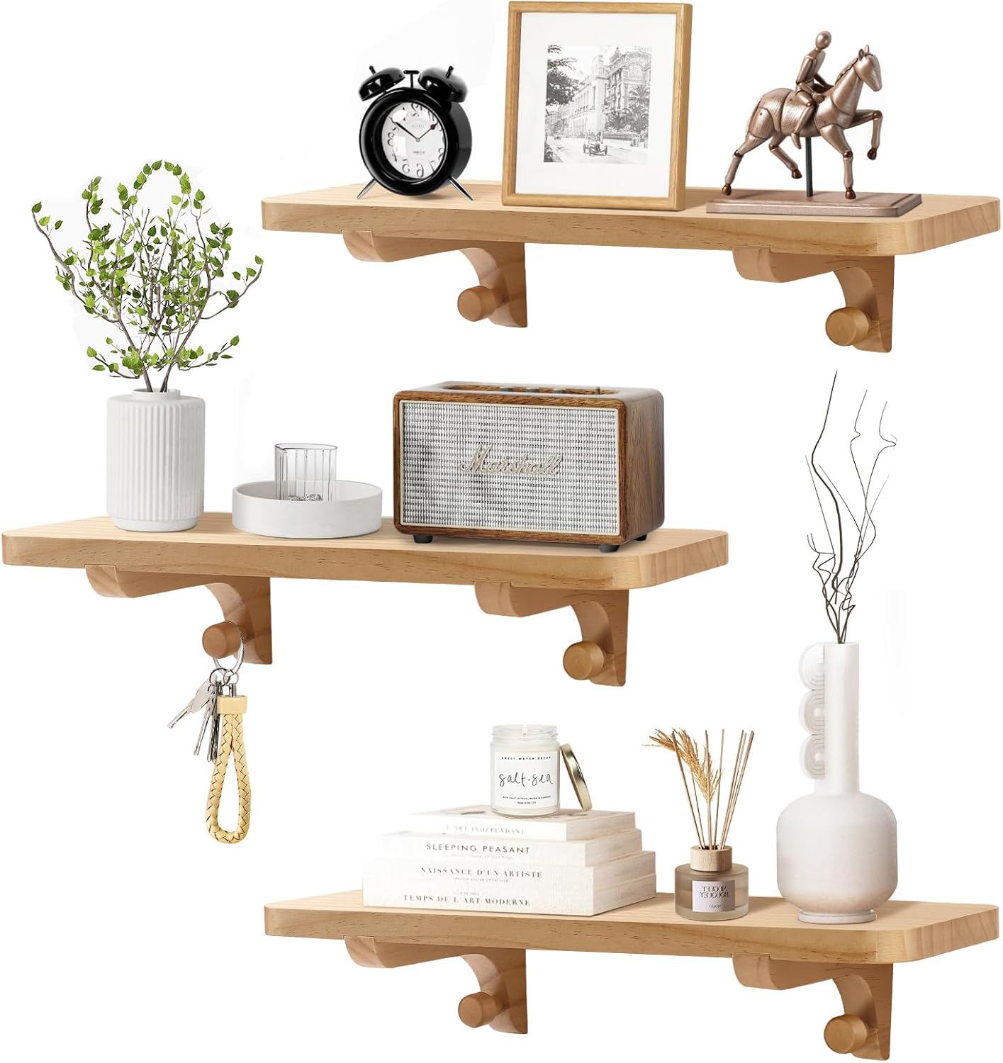 Wooden Floating Shelves for Wall, 15.7" W x 6" D x 0.6" H Large Wall Shelves, Hanging Storage Shelf with Hooks for Living Room, Kitchen, Bathroom, Bedroom Decor, Natural, 3 Packs