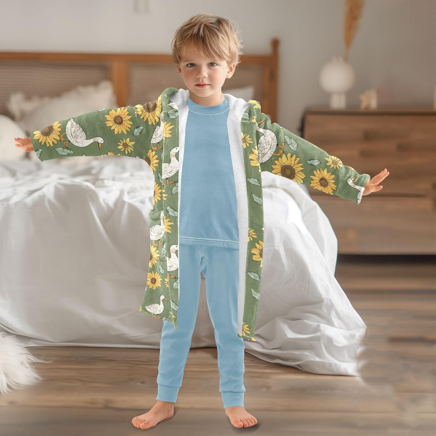 senya Duck with Sunflower Toddler Hooded Bathrobe Kids Soft Plush Bath Towel Robes for Boys Girls 2-12 Years