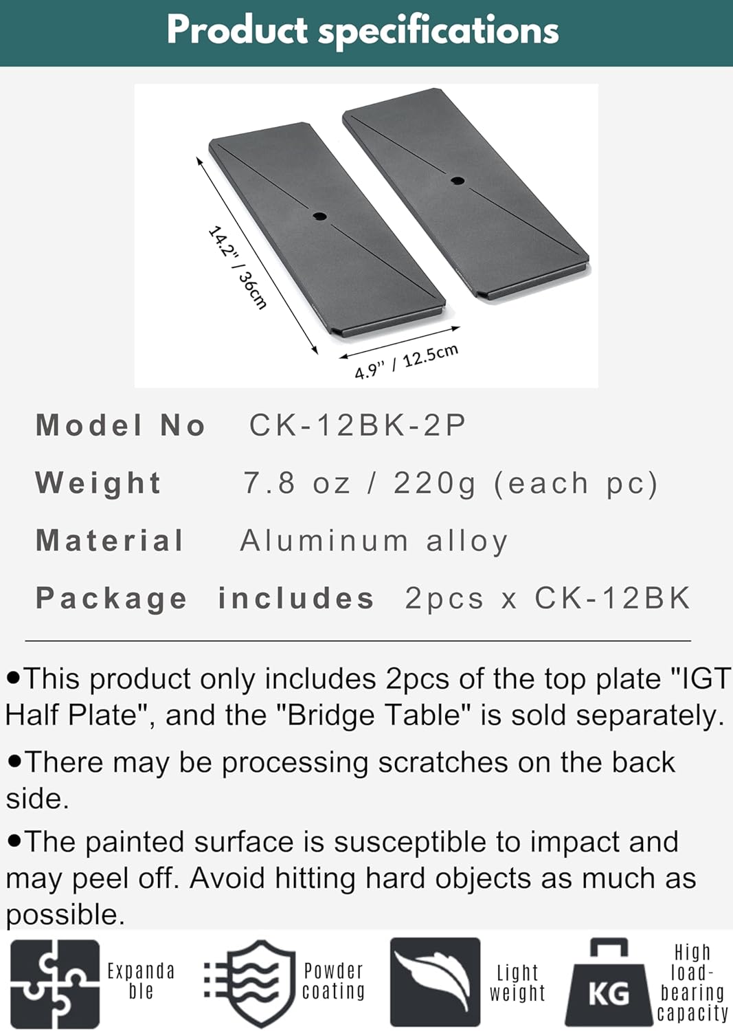 camping moon IGT Top Board Bridge Table Laser Top Board Half 2pcs Black CK-12BK-2P