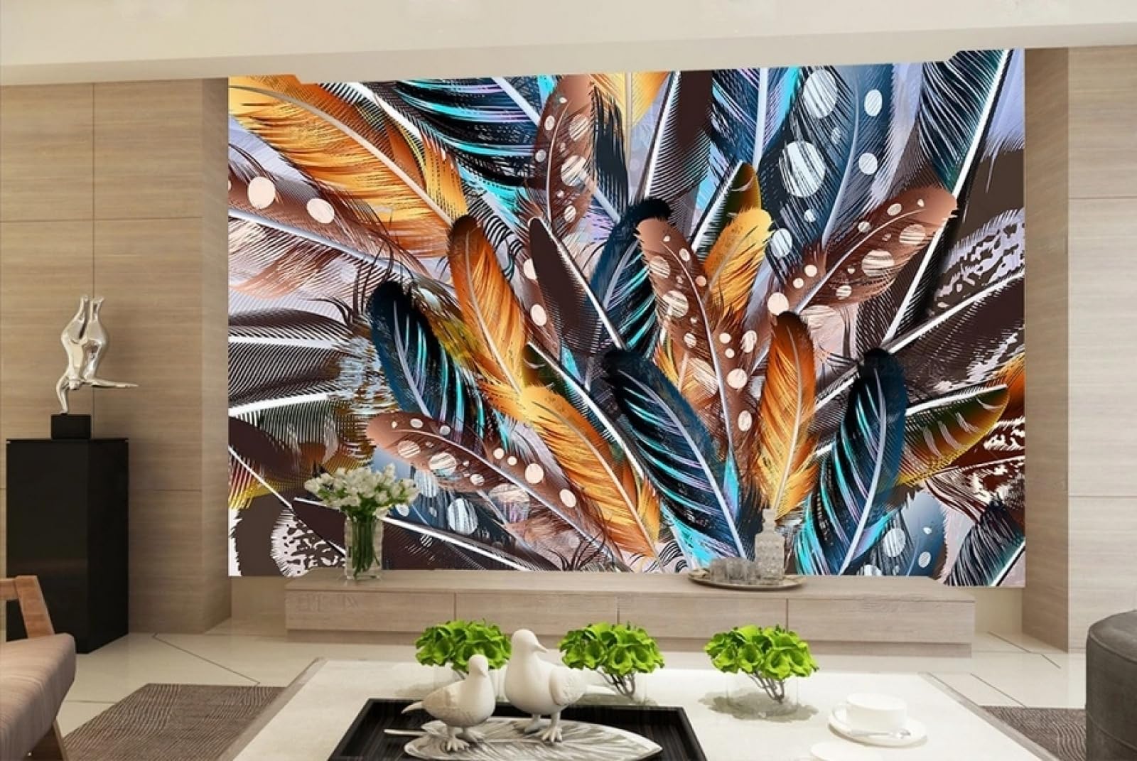 Carta da Parati Panoramica Intissato Colorato,Piume,Arte Wallpaper per Camera da Letto, Soggiorno 300x210cm