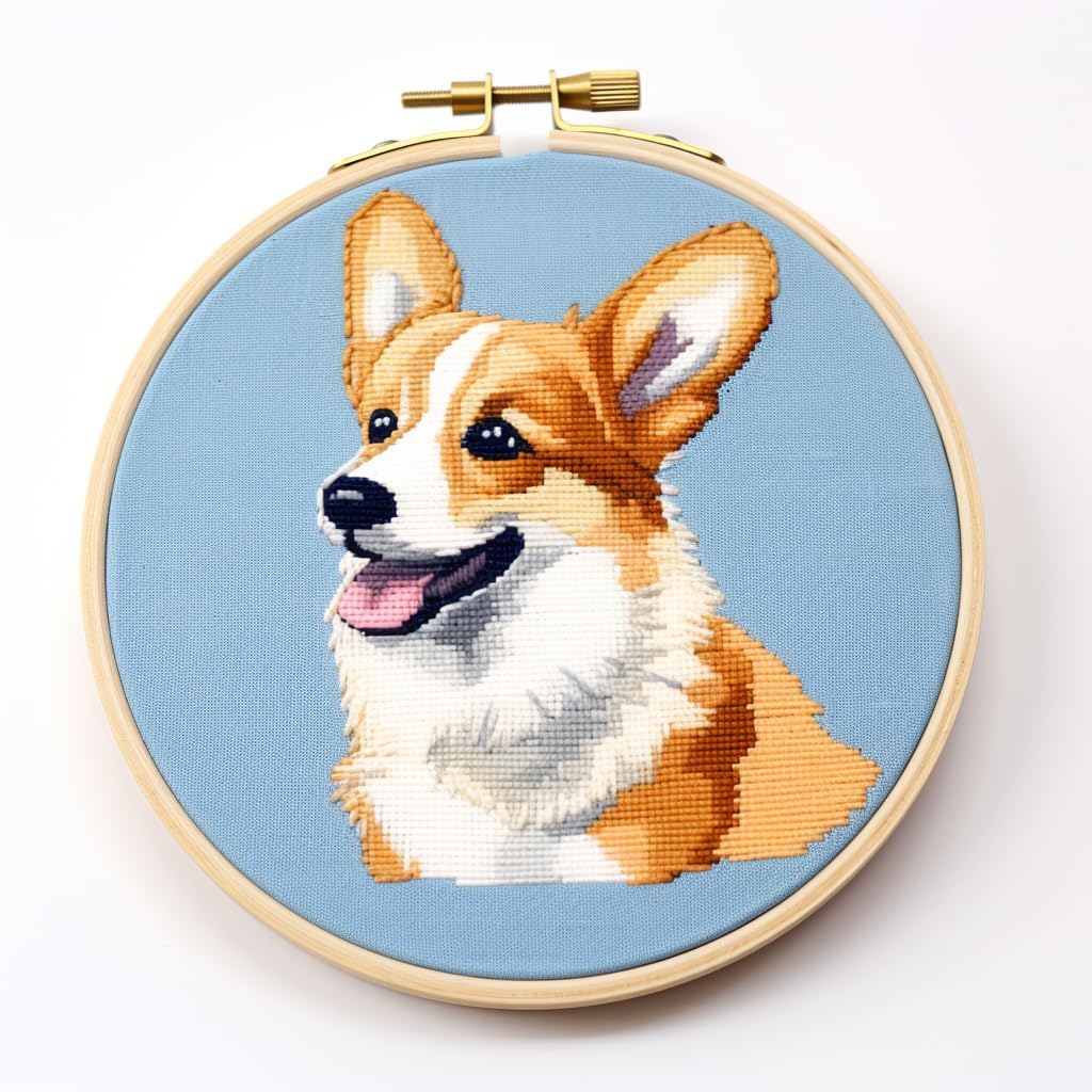 Cute Corgi Dog DIY Stamped Cross Stitch Kits Easy for Beginners and Children with Hoop 11CT Needlepoint Counted Embroidery Kits Art Craft Wall Decoration 12x12inch(2)