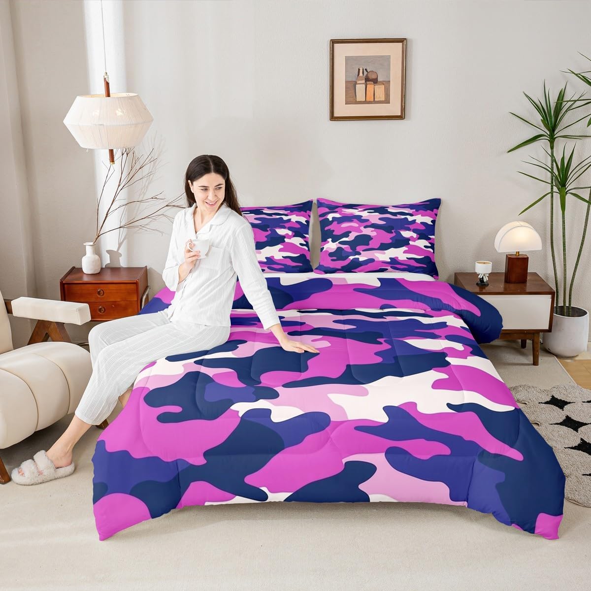 Camouflage Kids Comforter Set King Size,Purple Blue Graffiti Down Alternative Adults Bedroom Decor,Army Camo Ultra Soft Microfiber Inner Fill 3Pcs Bedding