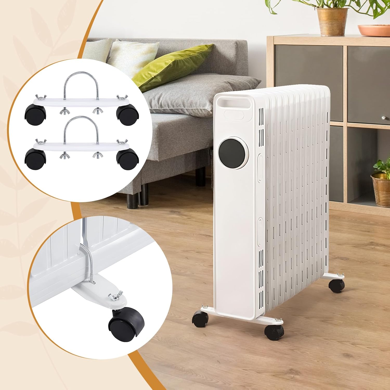 2 Pcs Mobile Pulley Bracket for Oiled Filled Radiator, 360° Rotatable Electric Heater Frame Base with Black Wheels, Easy Installation Repair Parts Oil Heater Accessories, A White Bracket