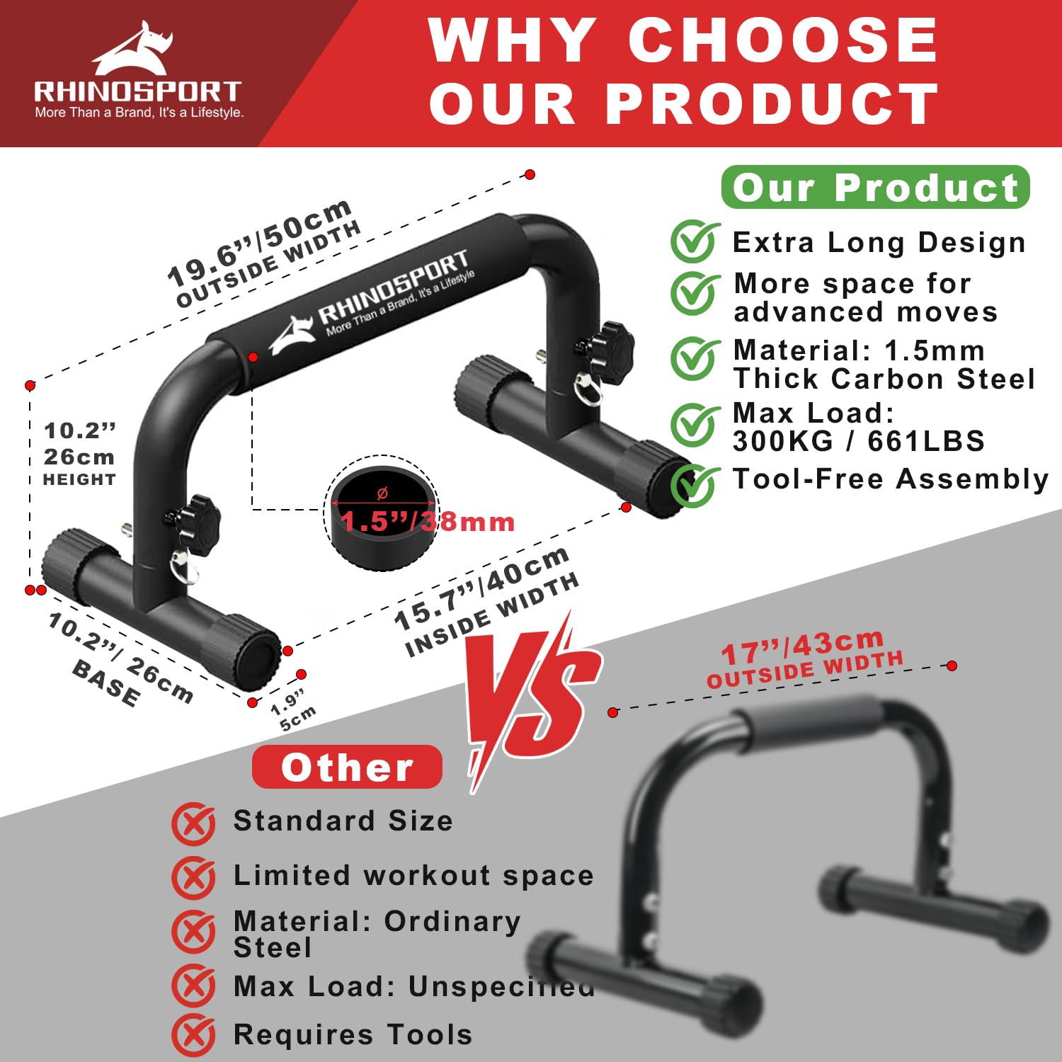 RHINOSPORT Parallettes Bars Dip Calisthenics Push Up Bars 10.2 in High 300Kg/661lbs Weight Capacity Strength Training Home Gym Workouts Calisthenics Equipment [19.6x10.2x10.2 in]