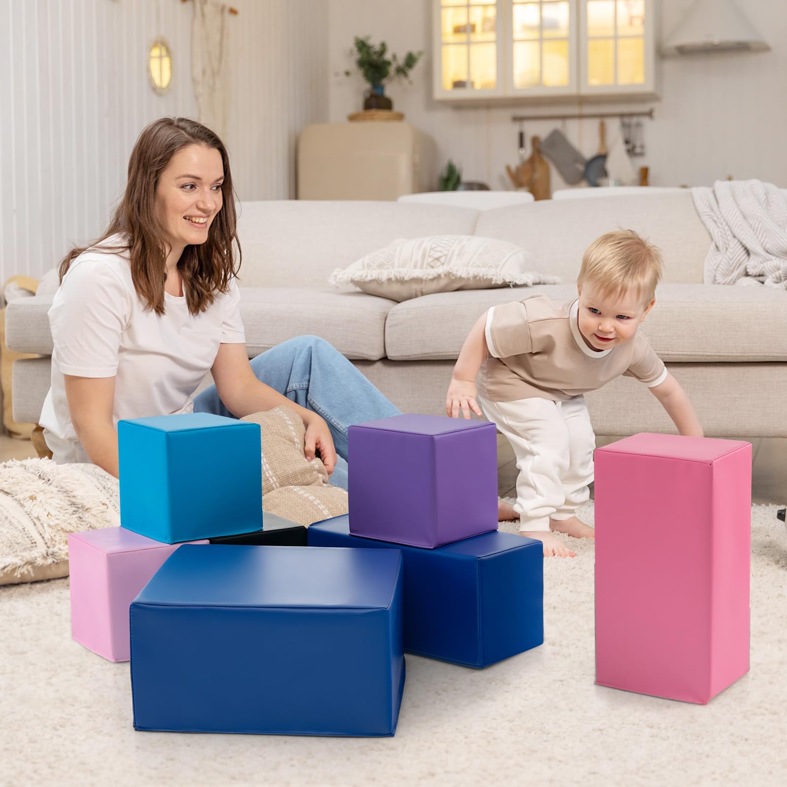 COSTWAY 7 TLG. Schaumstoff Bausteine, Softbausteine quadratisch & rechreckig, Bunte Riesenbausteine weich zum Klettern, Schaumstoffwürfel für Baby & Kinder ab 1 Jahr