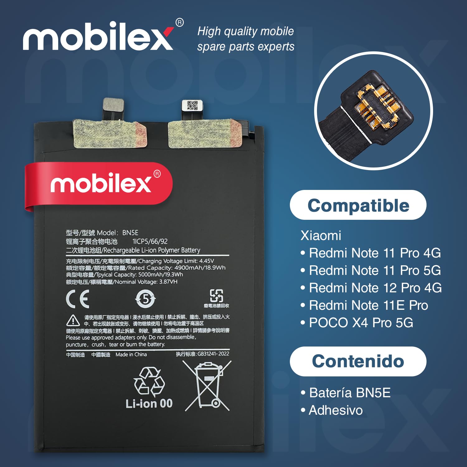 MOBILEX® Batería BN5E para Xiaomi Redmi Note 11 Pro 5G / Poco X4 Pro 5G / Redmi Note 12 Pro 4G / Redmi Note 11E Pro | 5000mAh - OEM | Interna Repuesto con Adhesivo | Capacidad Original