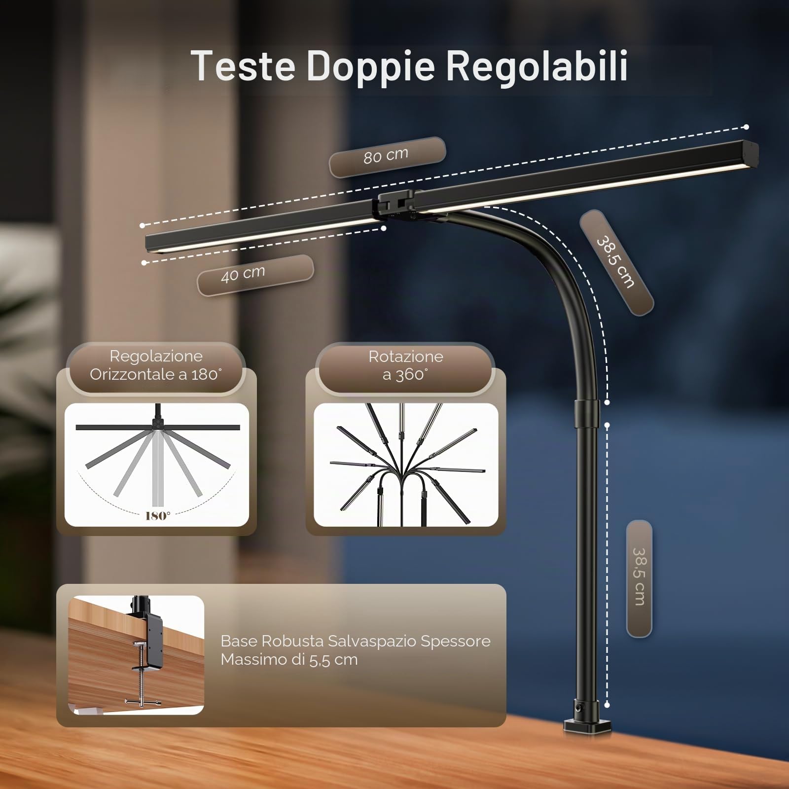 1300LM Lampada Da Scrivania A 24W Doppia Testa 80CM LED Dimmerabile Con Telecomandocon Morsetto Per Monitor,Lampada Da Tavolo A Luce Diurna Per Ufficio A Casa Braccio Orientabile Da Tavolo