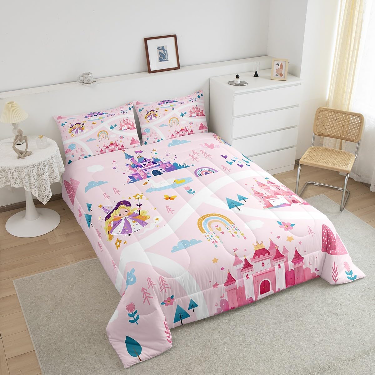 Feelyou Kids Princess Duvet Insert Full Size, Girls Dreamy Magic Castle Comforter Set Boys Girls for Cartoon Rainbow Bedding Set Fairytale Teens Bedroom Decor with 2 Pillow Case