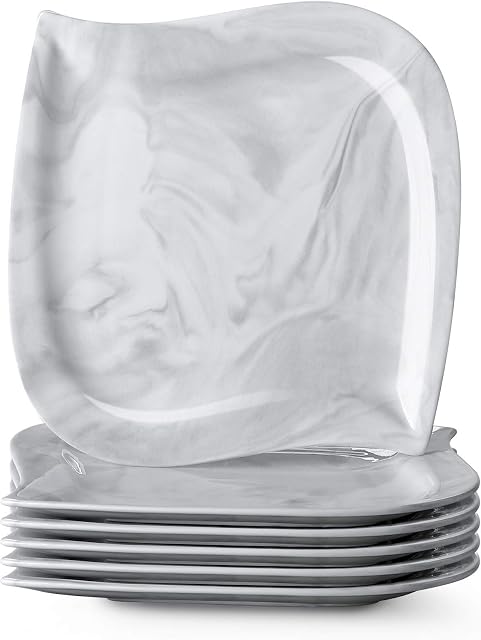 MALACASA seria Elvira 6-częściowy zestaw porcelanowy z marmurowym wzorem, talerz deserowy, śniadaniowy, 21,5 x 21 x 2 cm, dla 6 osób