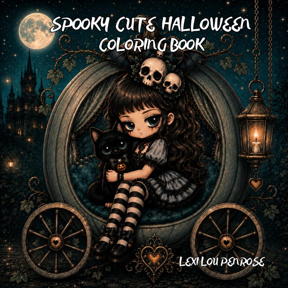 SPOOKY CUTE HALLOWEEN COLORING BOOK: Adorable Witches, Black Cats, Ghosts, Pumpkins and Magical Gothic Scenes for Adults, Teens and Older Kids