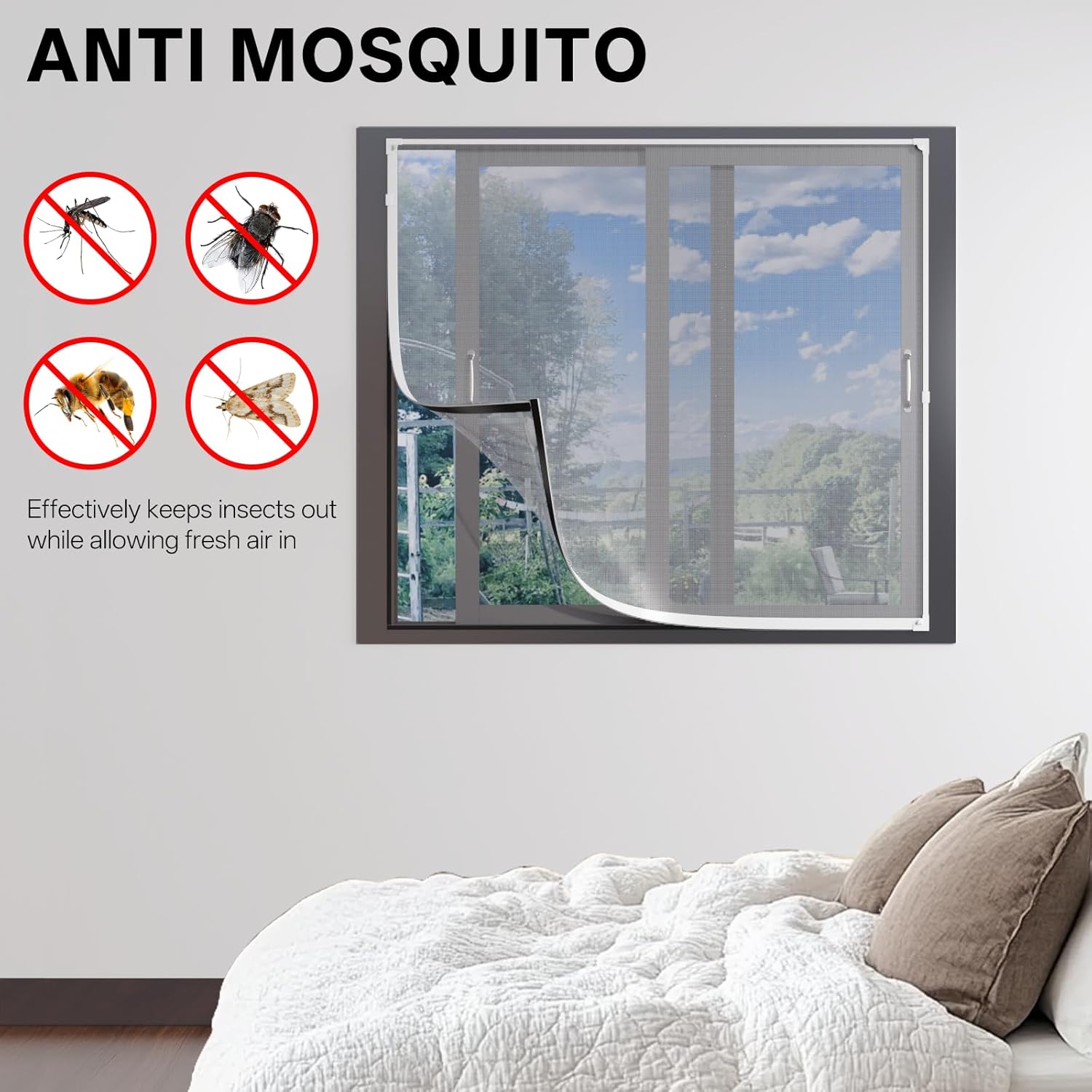 Adjustable DIY Magnetic Window Screen Replacement Window Screens 35" * 56" with White Window Frames Fiberglass Mesh for House Windows