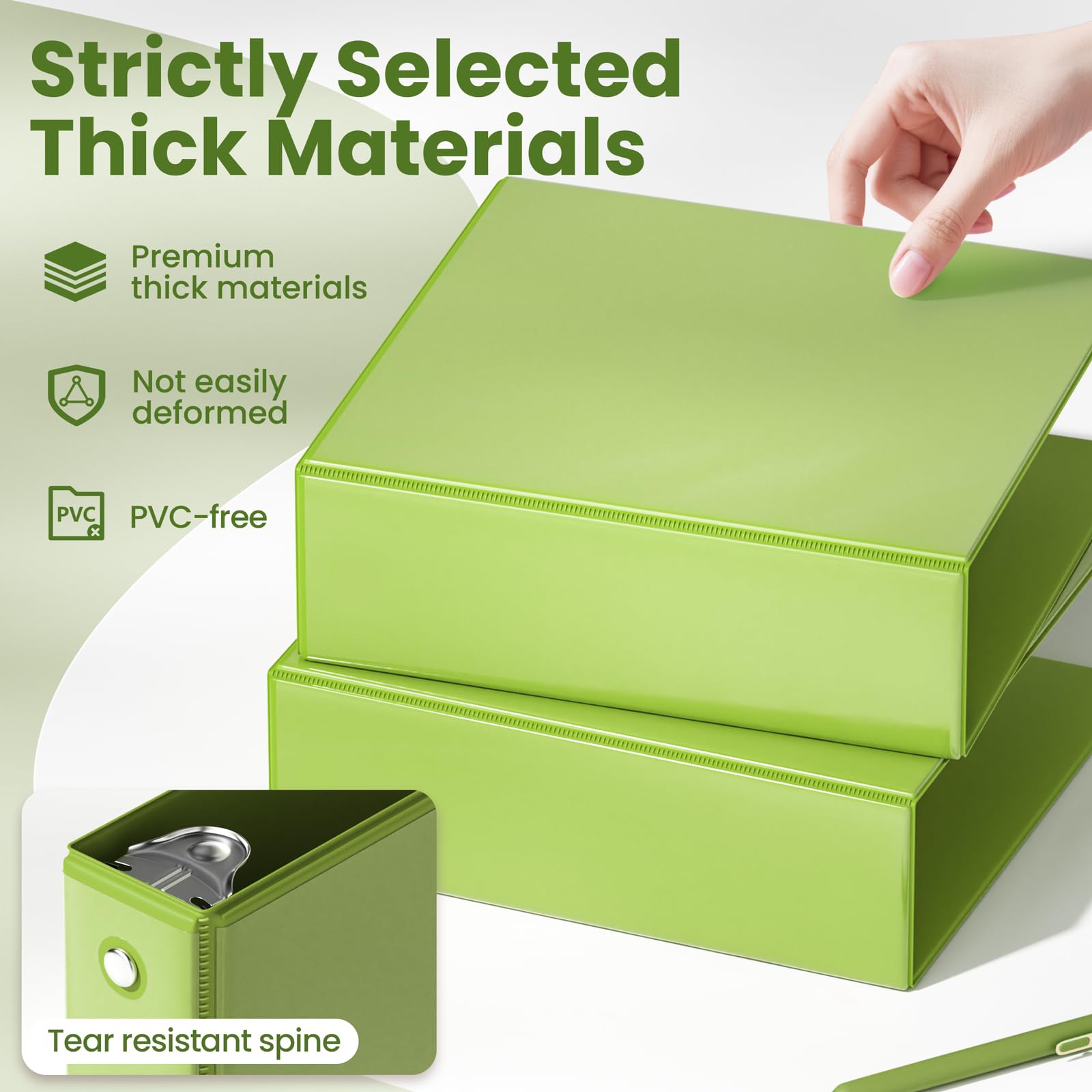 SUNEE Raccoglitore a 3 anelli da 7,6 cm, confezione da 1, trasparente, a tre anelli, senza PVC (adatto per articoli per scuola o ufficio, verde tenero