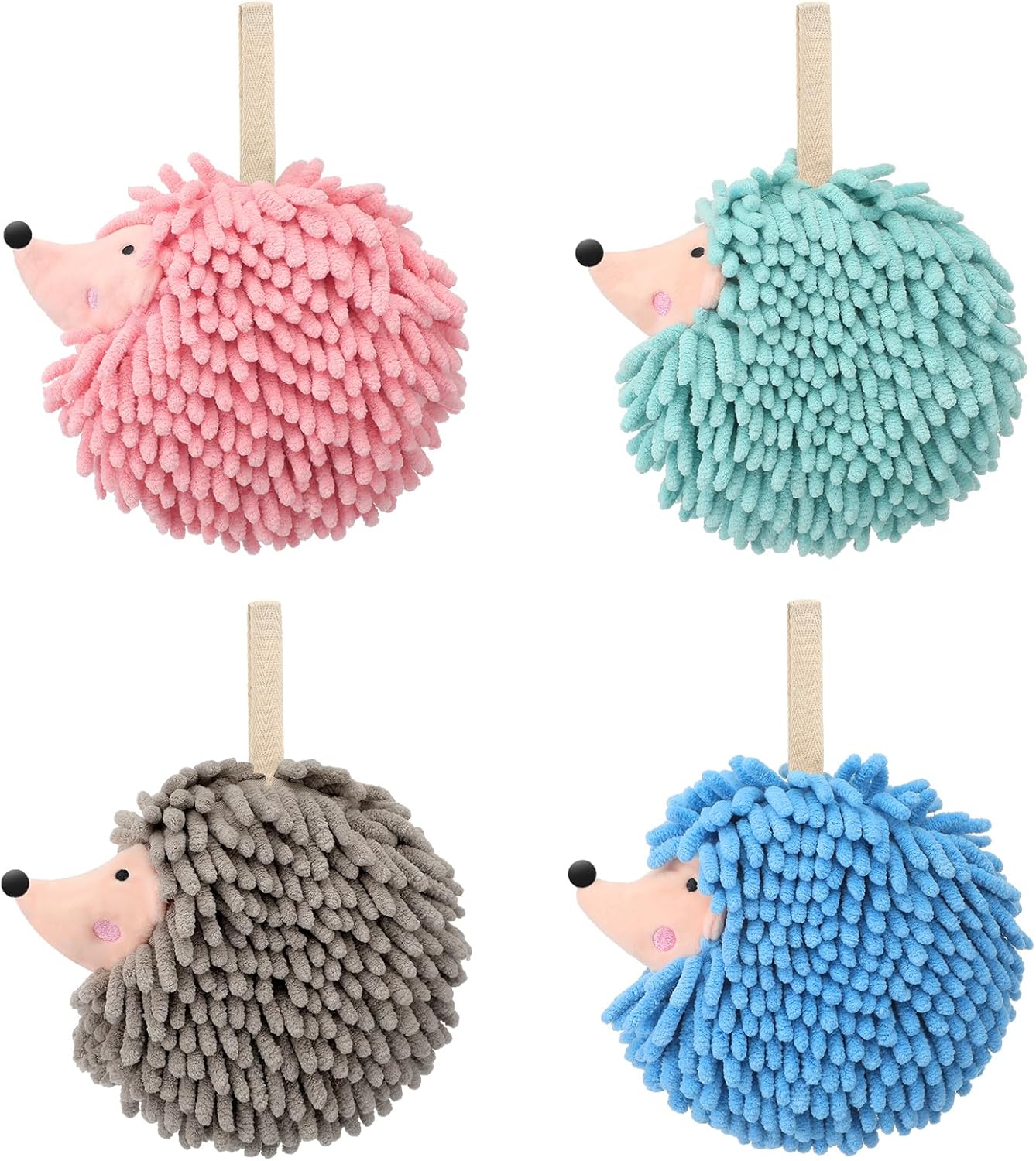 SmoothNovelty 4 Pcs Chenille Fuzzy Ball Hand Towels Hedgehog Decorative Towels Absorbent Funny Hanging Hand Drying Towel with Button Loop for Bathroom Kitchen Washstand Bedroom Drying, 4 Colors
