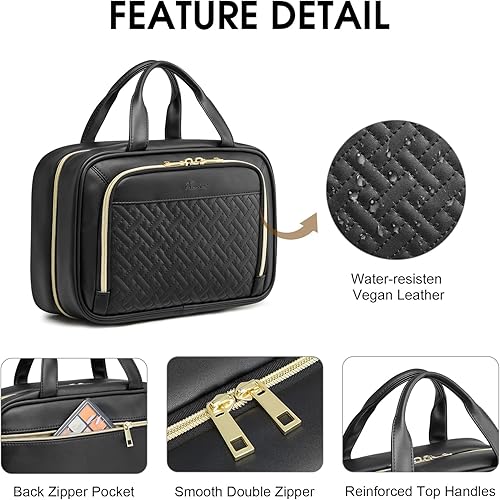 Miniatura 6 de Newshows Neceser de viaje de cuero para mujer con compartimento organizador de joyas, bolsa grande para cosméticos de maquillaje con gancho para