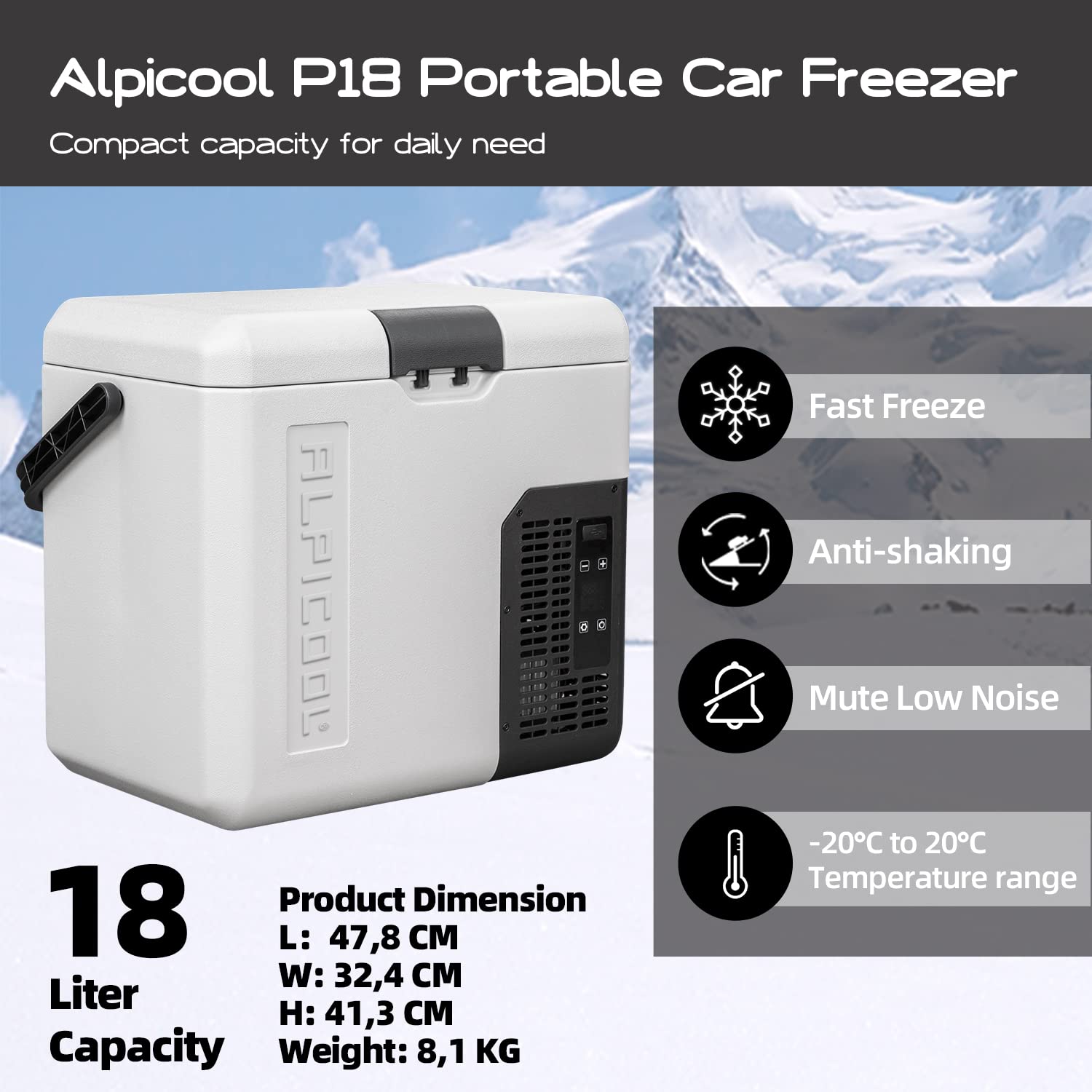 Alpicool P18 18 Litri Frigoriferi Portatile Elettrico Frigorifero per Auto Congelatore 12V 24V DC/AC Mini Frigo per Viaggio, Picnic, Campeggio Uso Esterno, da -20℃ a 20℃