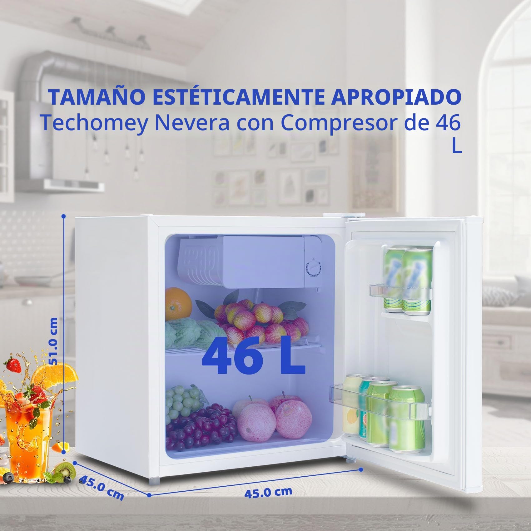 Nevera Pequeña de 46 Litros, Silencioso y Frigorificos Pequeños con Puerta Reversible, Mini Neveras con Estante y Cajón para Habitacion, Dormitorio, Cocina y Oficina, Blanco