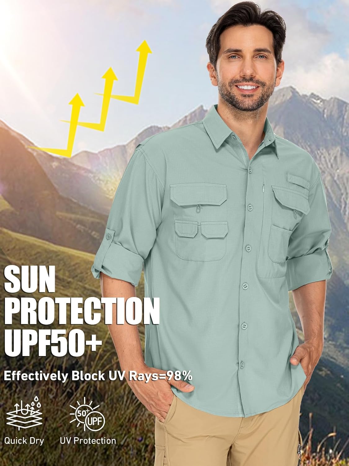 linlon Mens Safari Shirts Long Sleeve UV Protection Hiking Fishing UPF 50+ Quick Dry Cooling Camping Travel Shirts