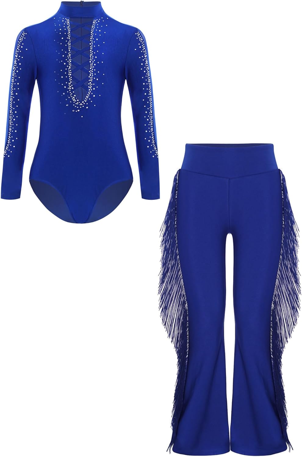 Kids Boys Latin Dance Outfit Shiny Gymnastics Leotard with Tassel Bell Bottom Pants Salsa Tango Dancewear
