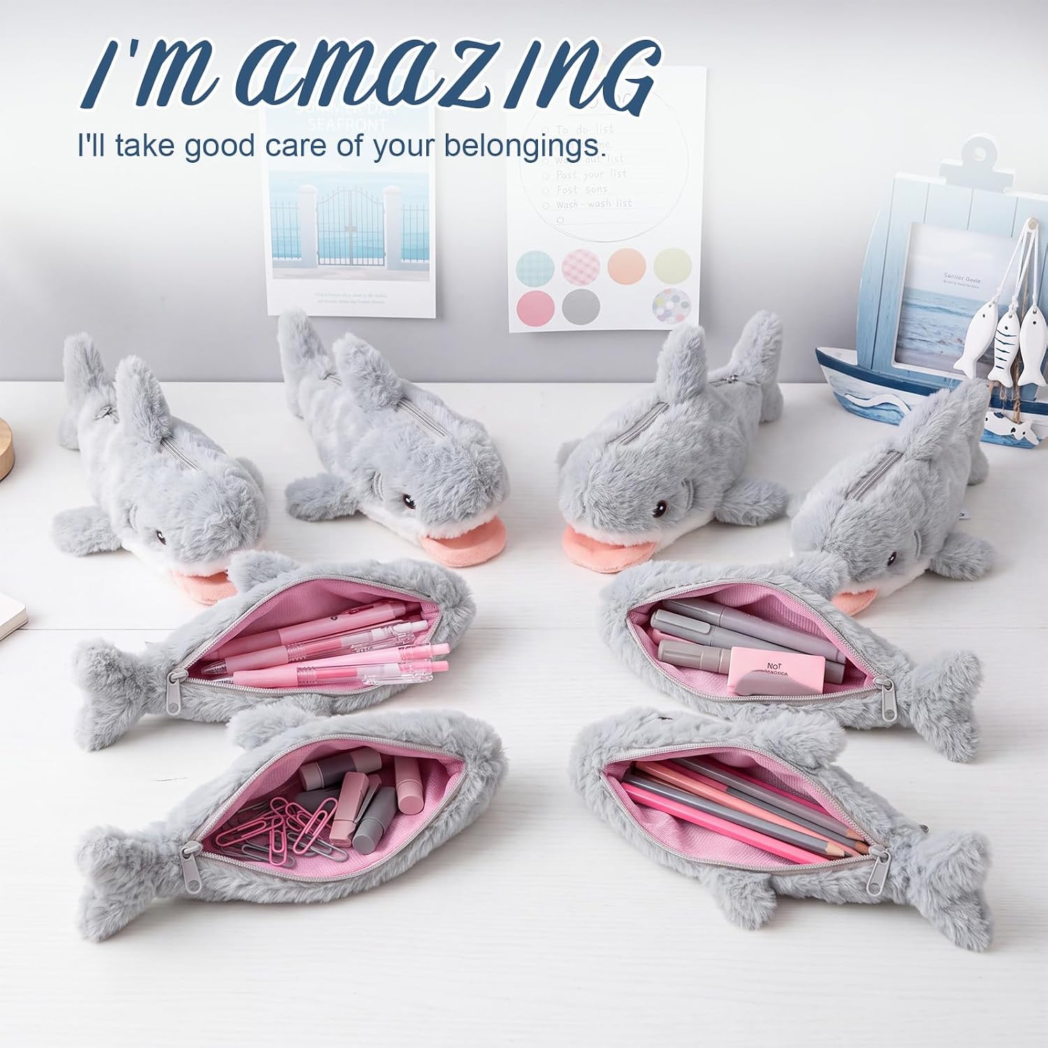 8 Pcs Shark Pencil Case, Cute Funny Pen Bag with Zipper