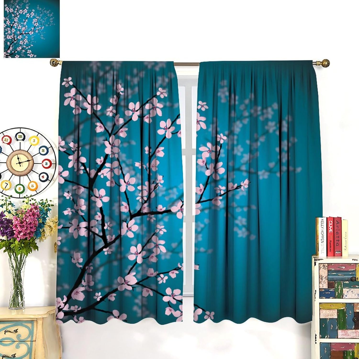 Cherry Blossom Curtains Japanese Floral Plum Blossom Flower Teal Blue and Pink Curtain with Rod Pocket for Bedroom Living Room Decor Drapes Window Treatments 2 Panels Set 42x45 Inch