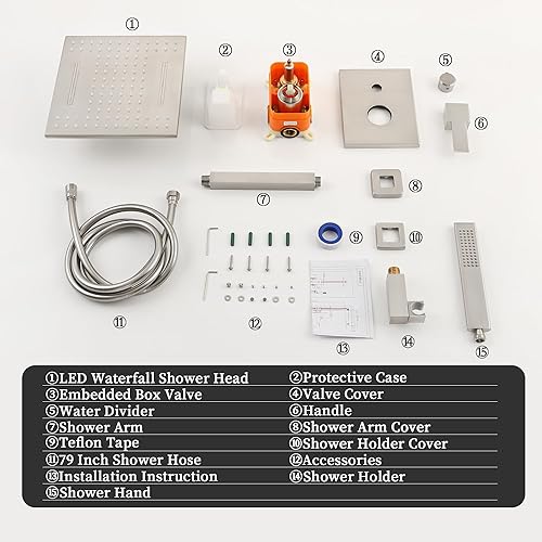 Miniatura 9 de Sistema de ducha de montaje en el techo, juego de cabezal de ducha LED de 10 pulgadas con 2 funciones cUPC, kit de válvula de ducha cUPC, 7415C-BN