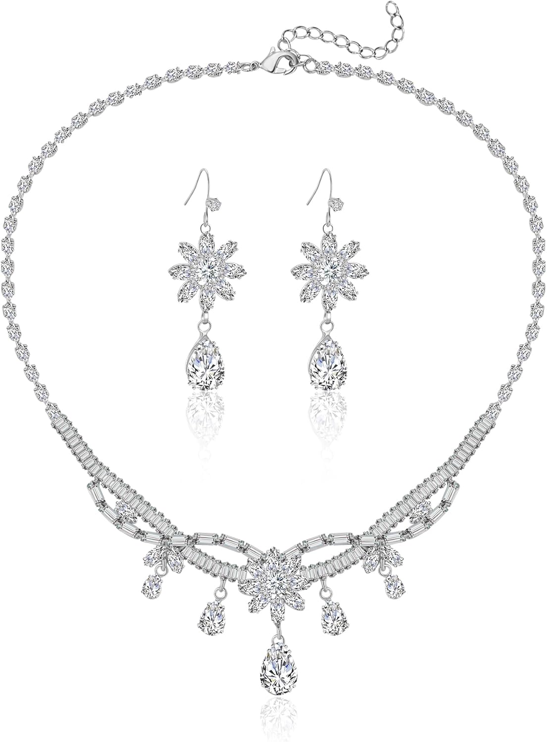 AMYJANE Women's Wedding Jewelry Crystal Flower Necklace Dangle Earrings Set for Brides Bridesmaid CZ Rhinestone Teardrop Jewelry Set for Prom Costume Jewelry Accessories